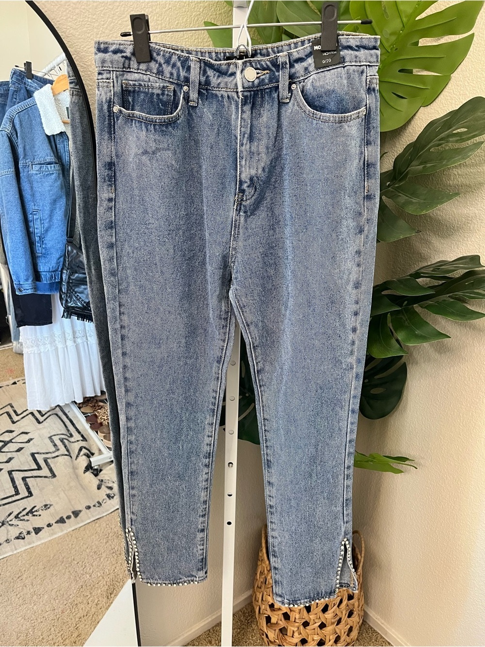 ✨ Rhinestone Side Slit Ankle Super High Rise Mom Jeans Size 9/29